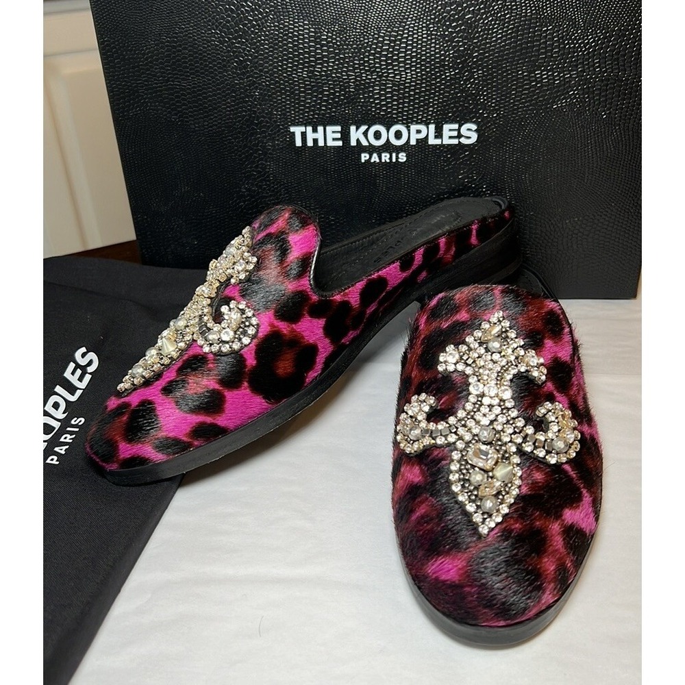 The Kooples Paris Pink Black Leopard Mules Size 5.5 Fleur De Lis Embellished
